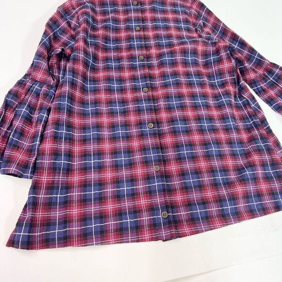 The Nines by Hatch Blouse Womens Medium Blue & Red Plaid Button-Back Bell Sleeve - Picture 8 of 11